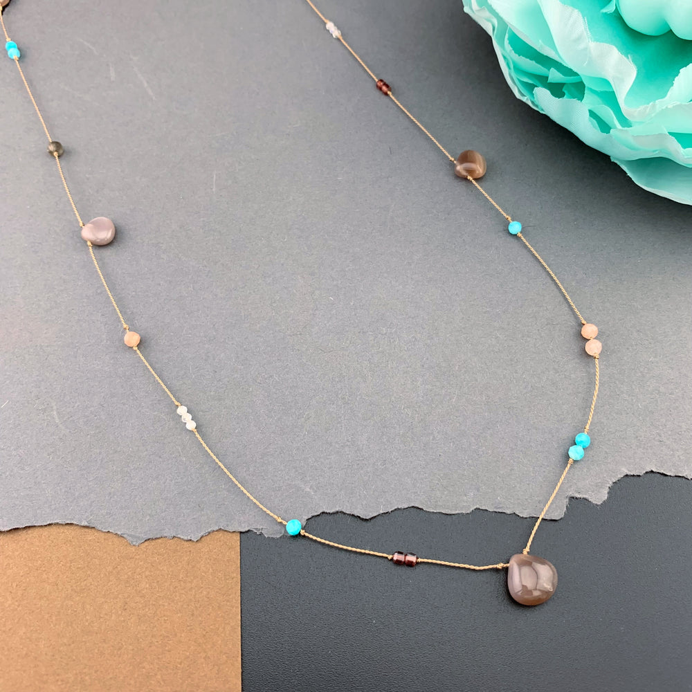 One Of A Kind Radiant Layering Necklace - Chocolate Moonstone, Garnet, Peach Moonstone, Rainbow Moonstone, Smokey Quartz, Amazonite