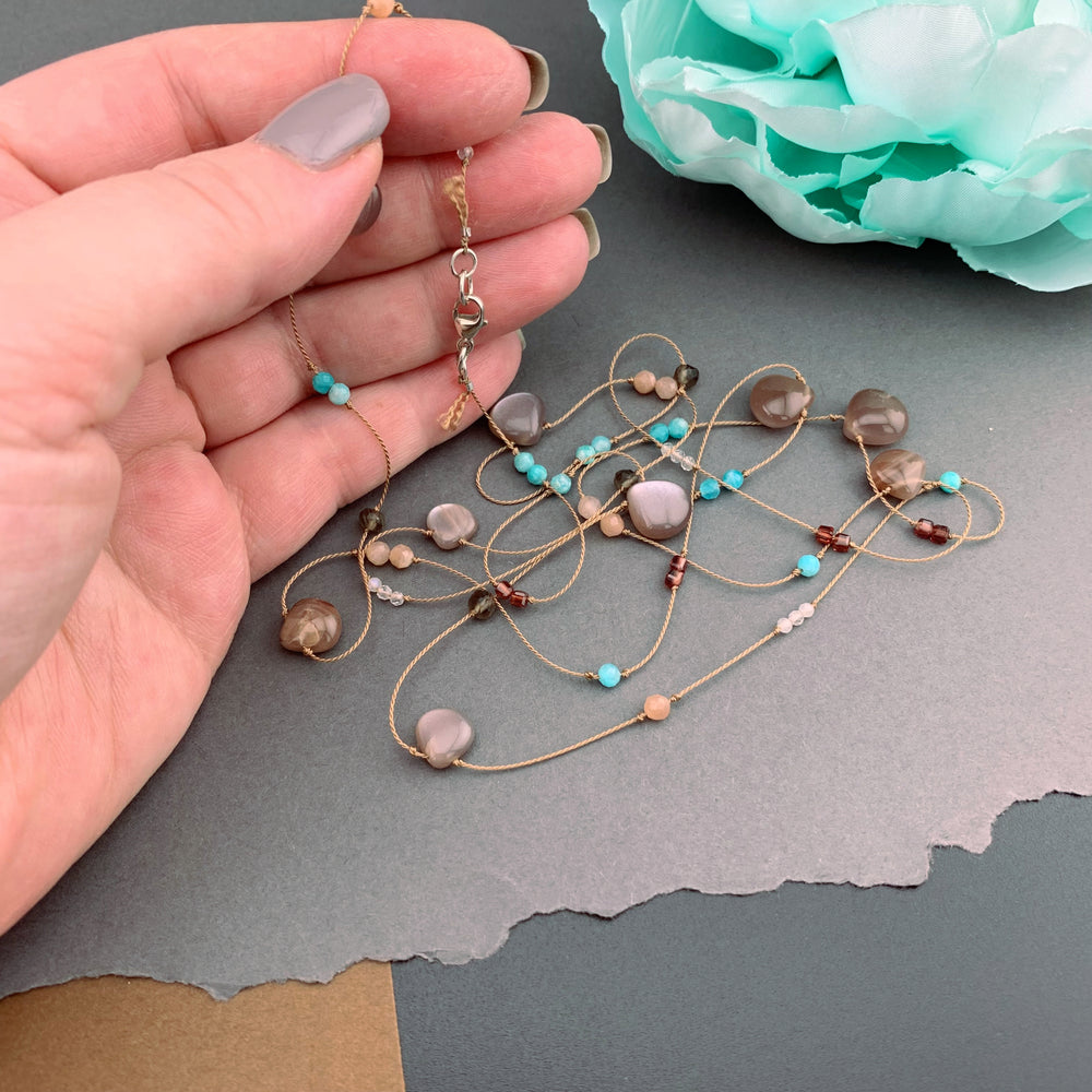One Of A Kind Radiant Layering Necklace - Chocolate Moonstone, Garnet, Peach Moonstone, Rainbow Moonstone, Smokey Quartz, Amazonite