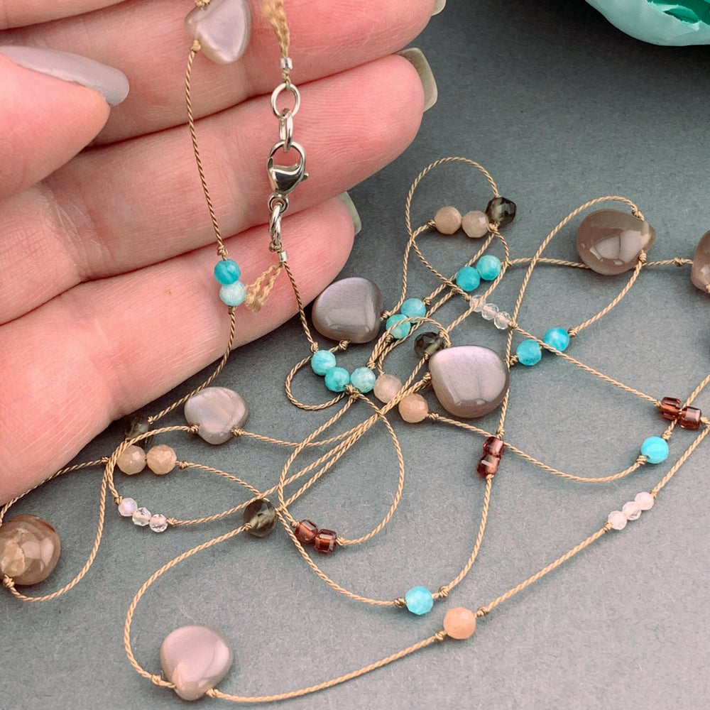One Of A Kind Radiant Layering Necklace - Chocolate Moonstone, Garnet, Peach Moonstone, Rainbow Moonstone, Smokey Quartz, Amazonite