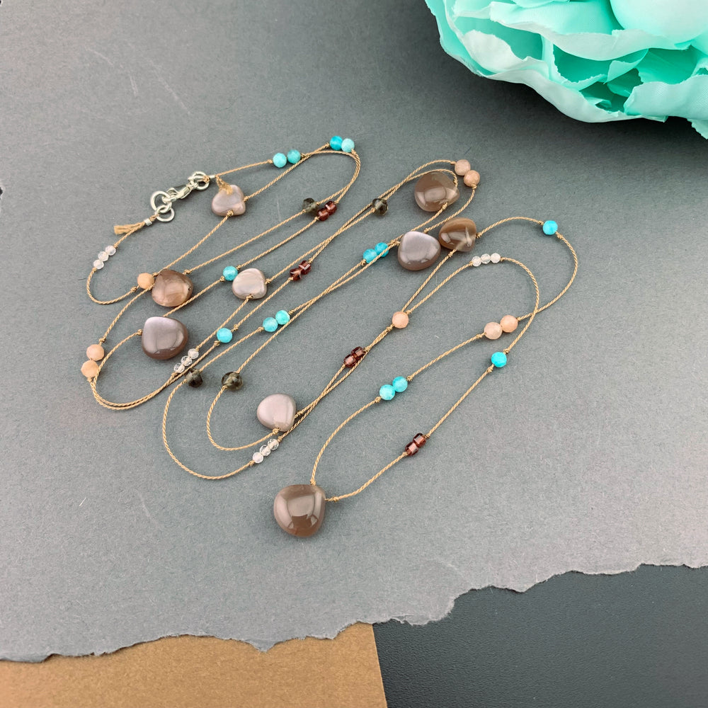 One Of A Kind Radiant Layering Necklace - Chocolate Moonstone, Garnet, Peach Moonstone, Rainbow Moonstone, Smokey Quartz, Amazonite