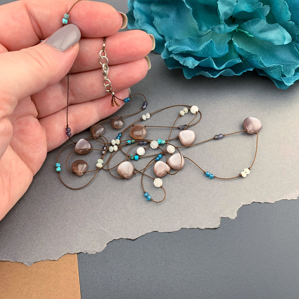 One Of A Kind Radiant Layering Necklace - Chocolate Moonstone, Turquoise, Iolite, Jade, Blue Apatite, White Moonstone