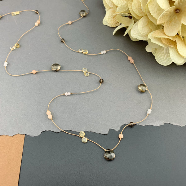 Radiant Layering Necklace - Smokey Quartz, Citrine, Peach Moonstone, Rose Quartz