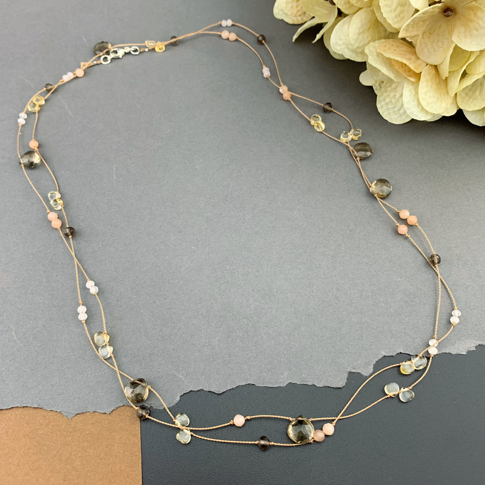 Radiant Layering Necklace - Smokey Quartz, Citrine, Peach Moonstone, Rose Quartz