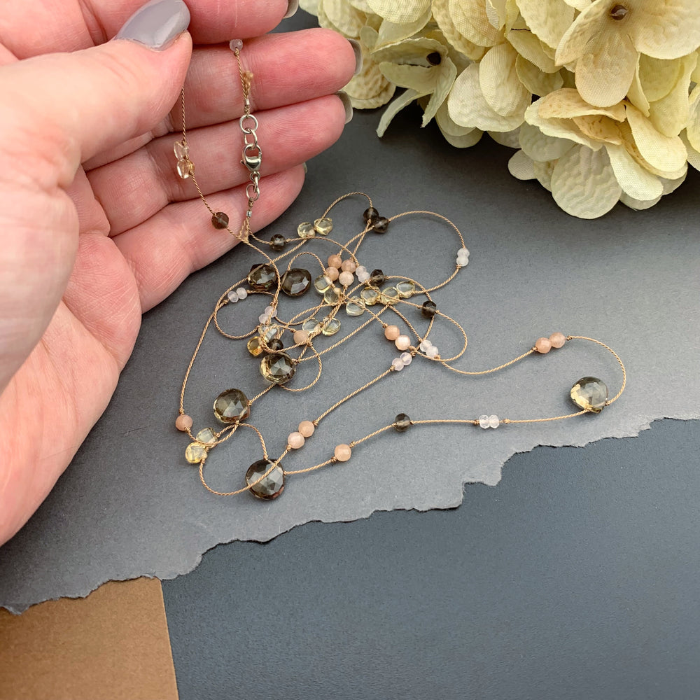 Radiant Layering Necklace - Smokey Quartz, Citrine, Peach Moonstone, Rose Quartz