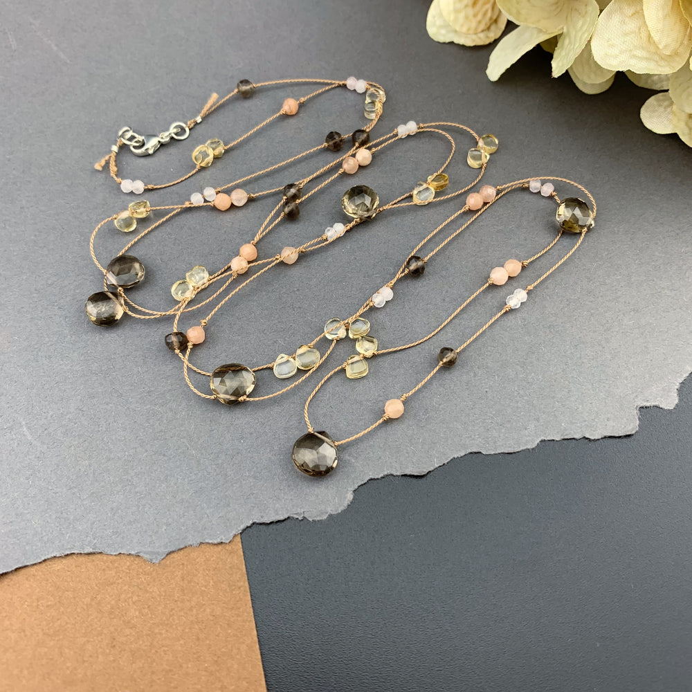Radiant Layering Necklace - Smokey Quartz, Citrine, Peach Moonstone, Rose Quartz