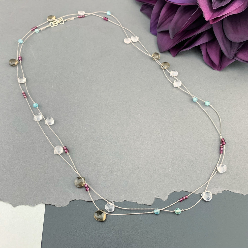 Radiant Layering Necklace - Smokey Quartz, Rose Quartz, Garnet, Apatite