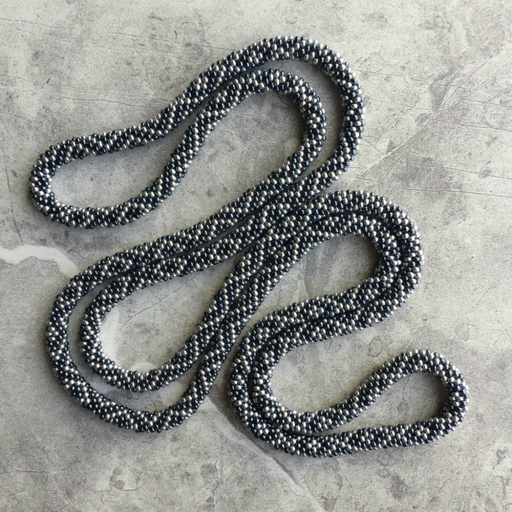 long continuous beaded crochet rope necklace in grey gunmetal and silver