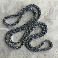 long continuous beaded crochet rope necklace in grey gunmetal and silver