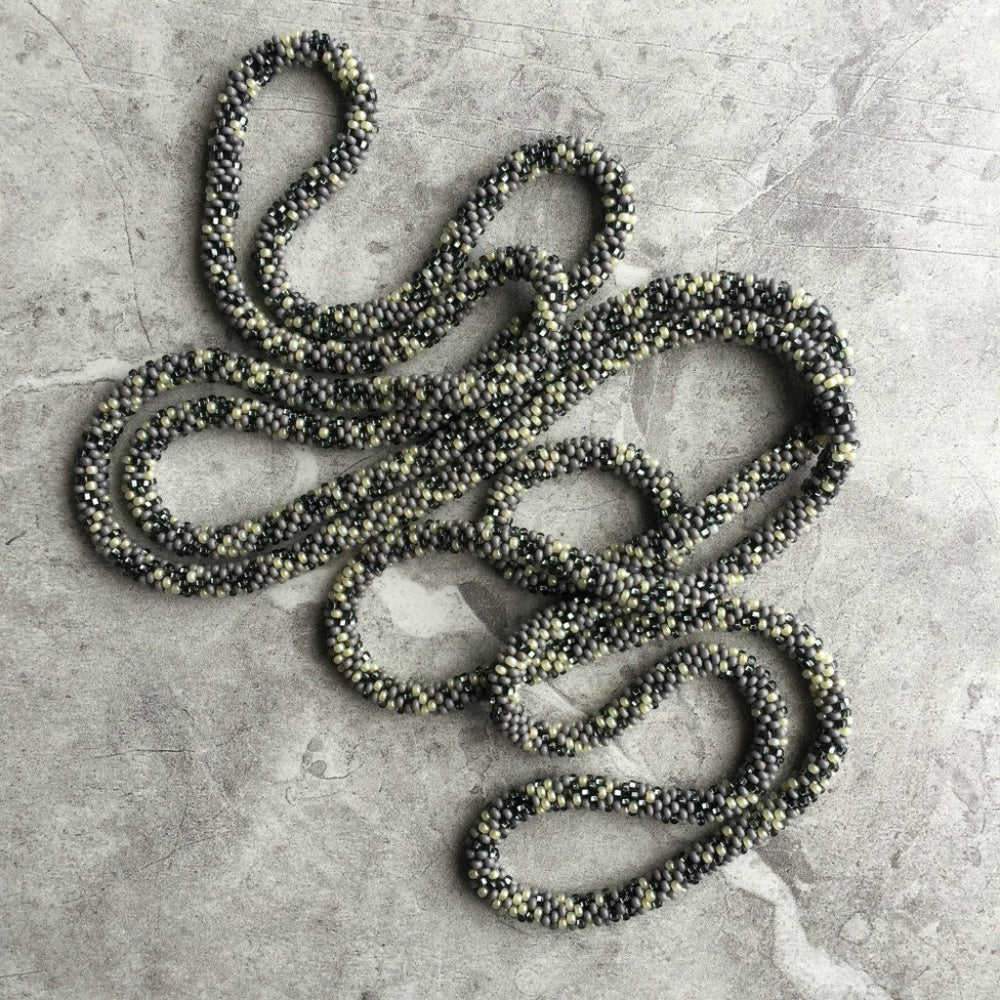 long continuous beaded crochet rope necklace in grey and yellow
