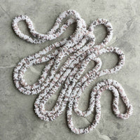 long continuous beaded crochet rope necklace in white, grey and pink