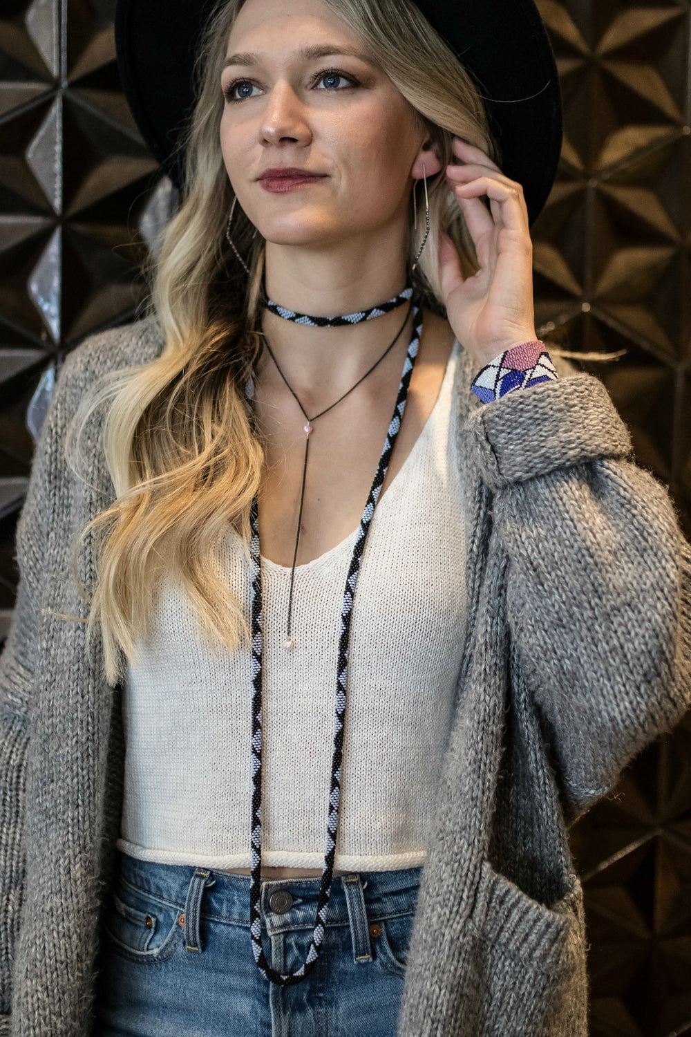 Long Continuous Beaded Crochet Rope Necklace in Shades of Purple, Silver, Black and Pink 65"
